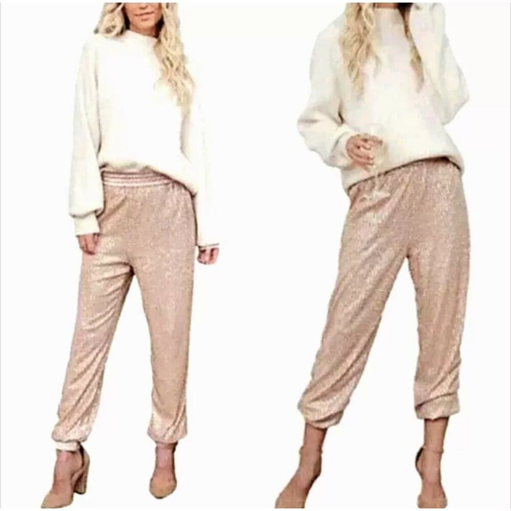 Anthropologie Melora Metallic Rose Gold Joggers Womens Size Small EUC